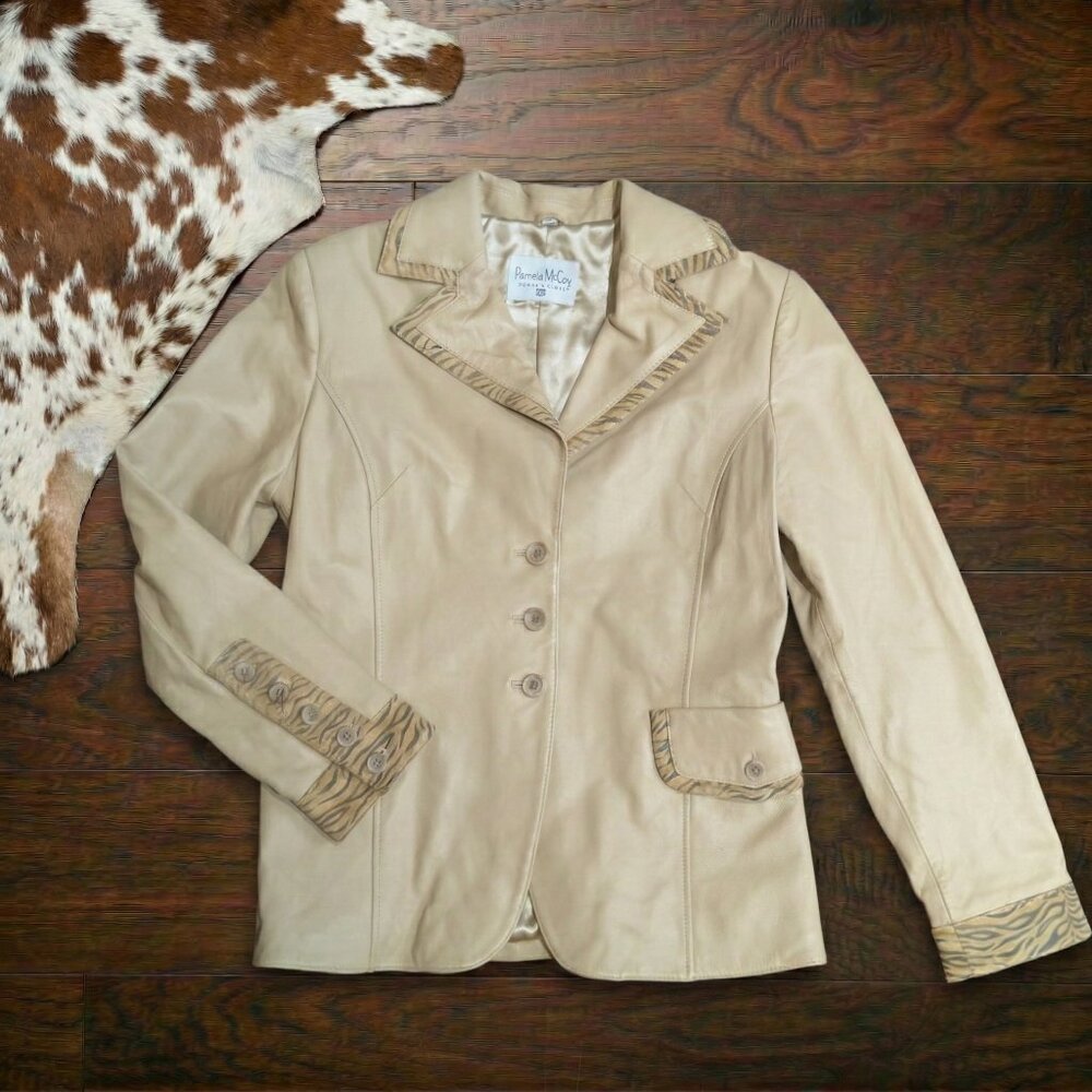 Vintage 1990s Leather Tiger Print Trim Jacket
